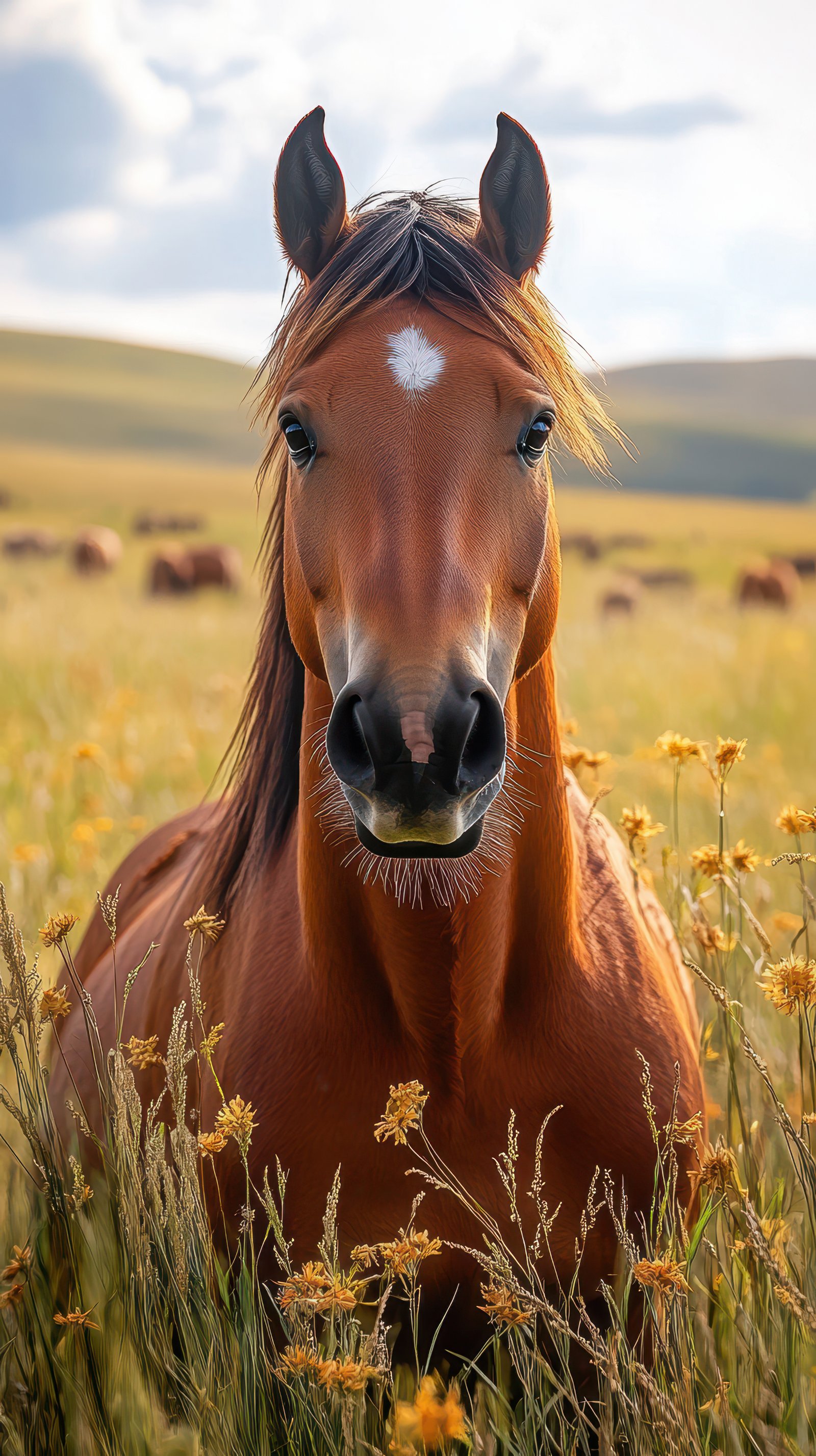 Horse standing gracefully in a vibrant field filled with wildflowers under a soft blue sky during golden hour light